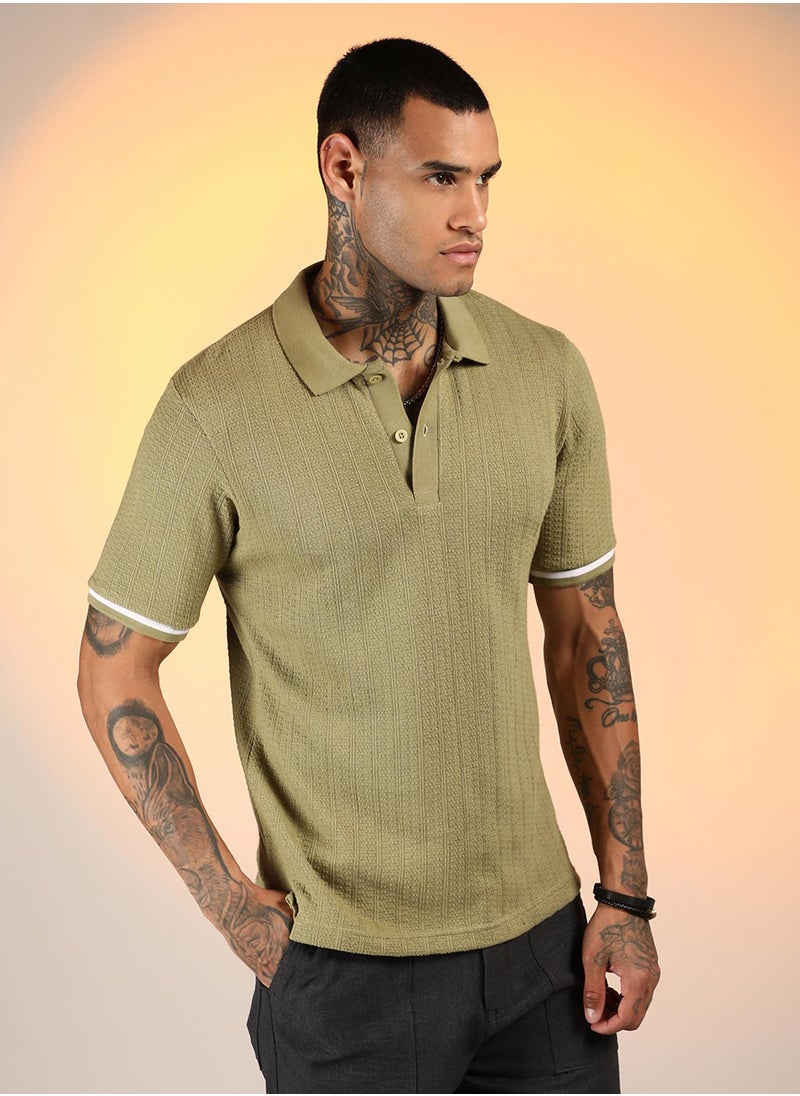 Campus Sutra Men's Olive Green Textured Polo T-Shirt  - Image 3