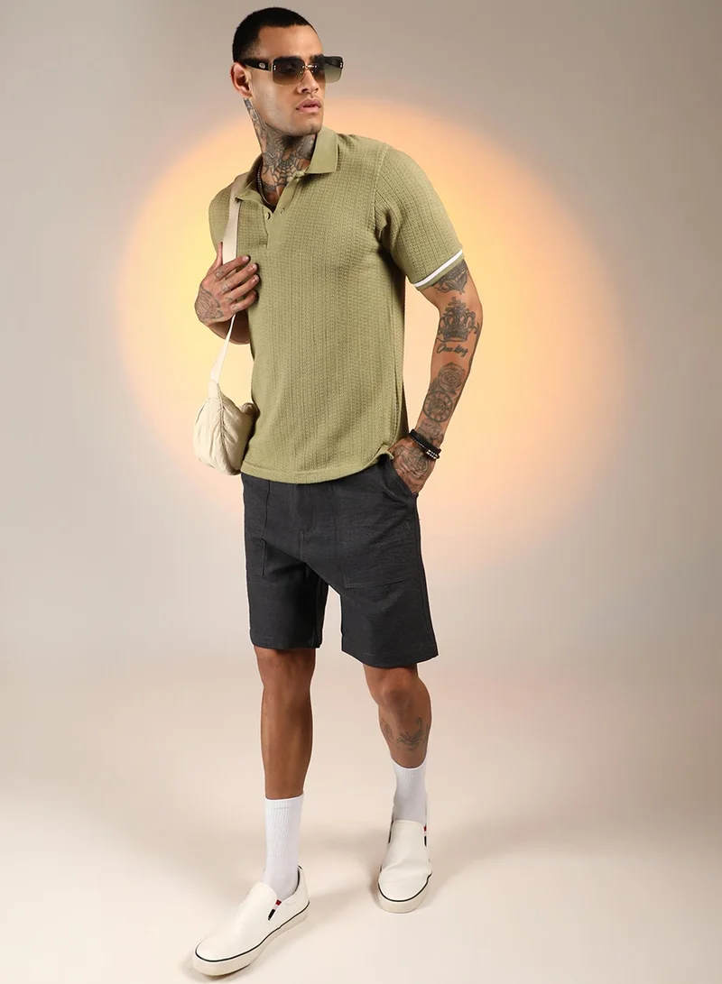 Campus Sutra Men's Olive Green Textured Polo T-Shirt