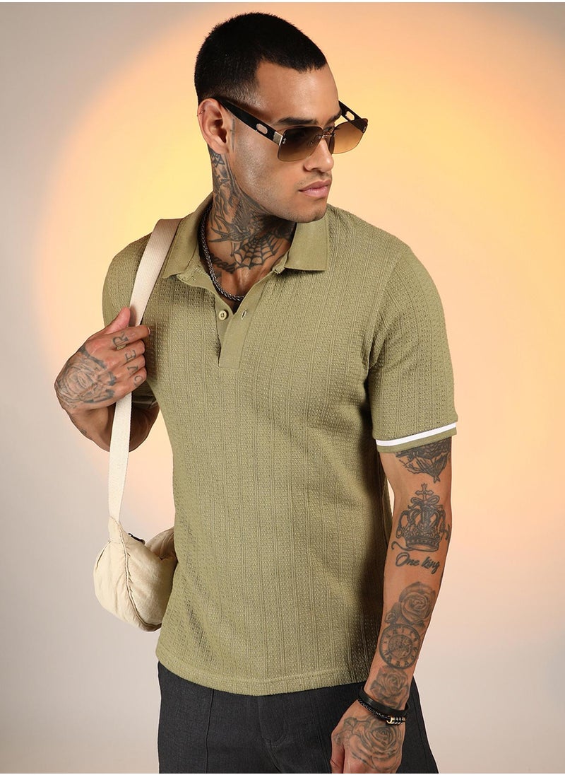 Campus Sutra Men's Olive Green Textured Polo T-Shirt  - Image 1