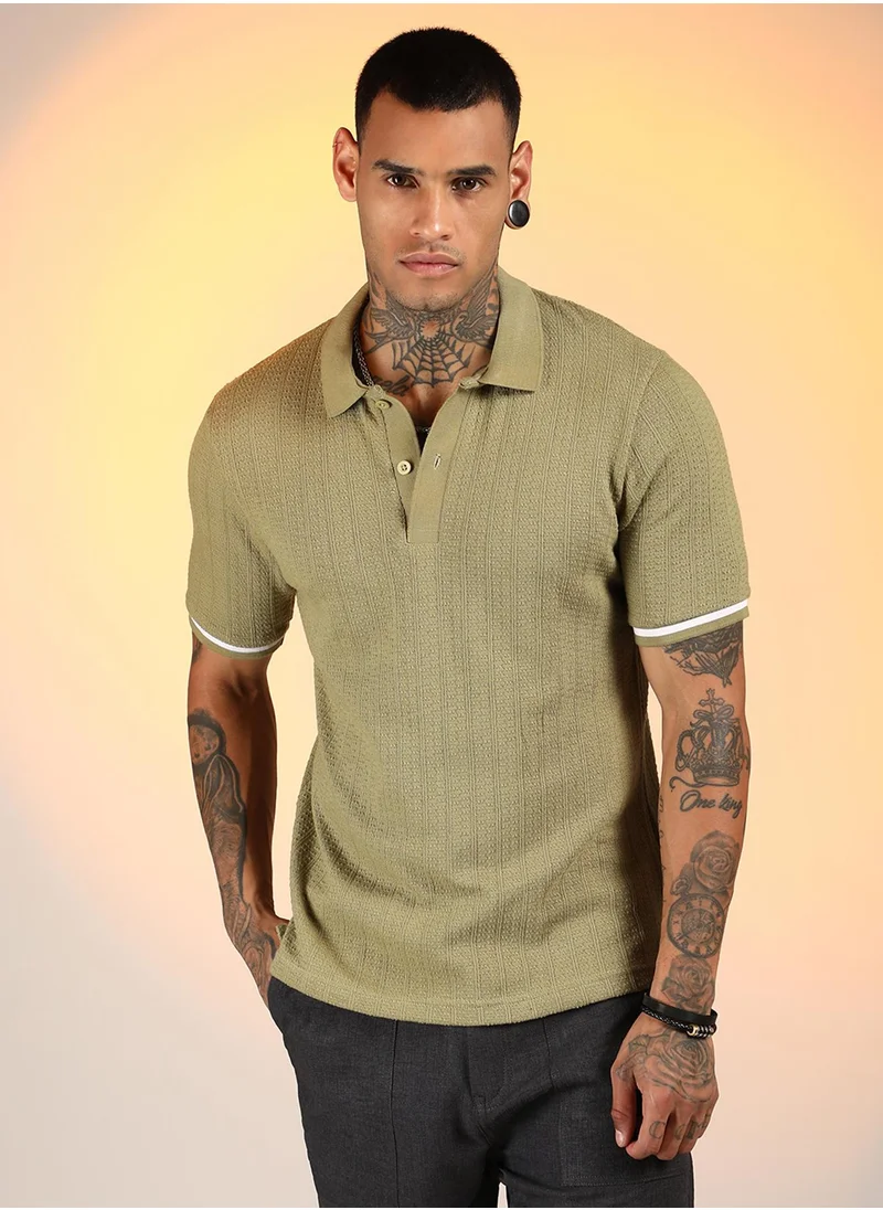 كامبوس سوترا Men's Olive Green Textured Polo T-Shirt