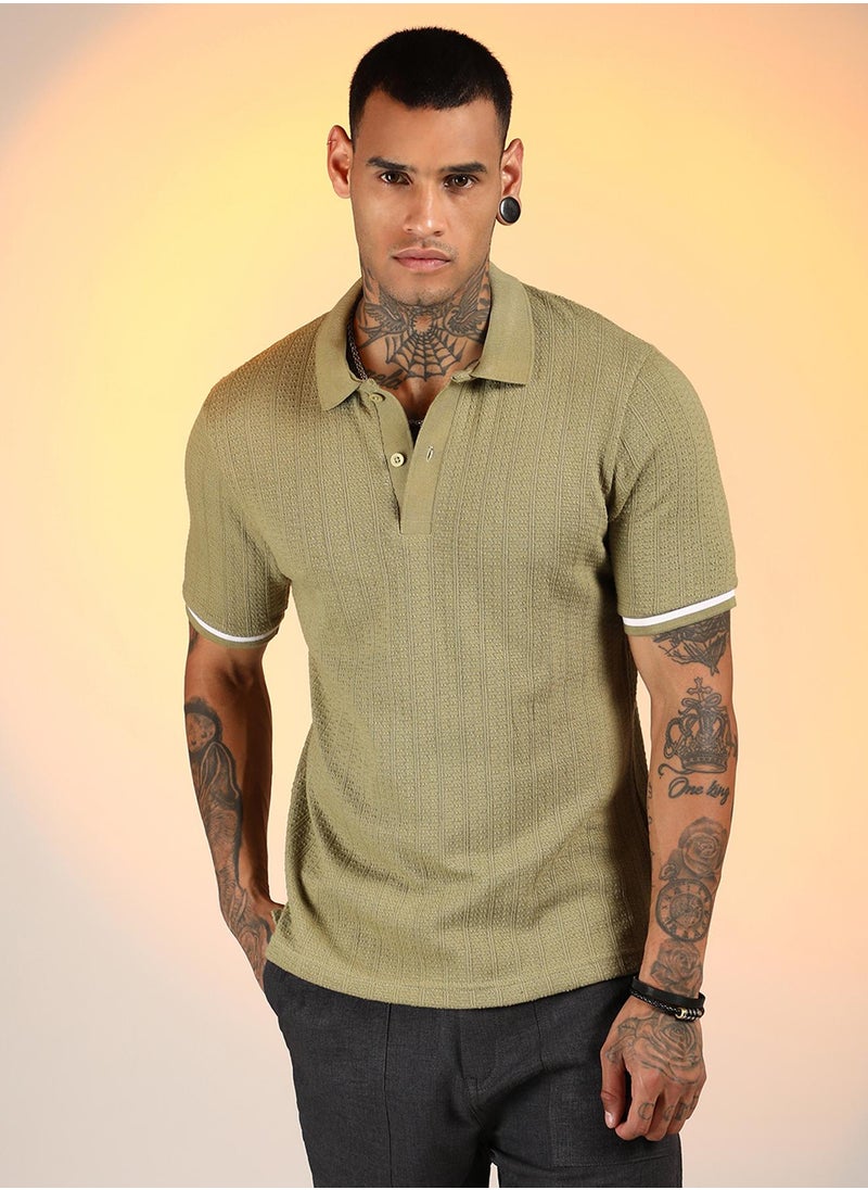 Campus Sutra Men's Olive Green Textured Polo T-Shirt  - Image 2
