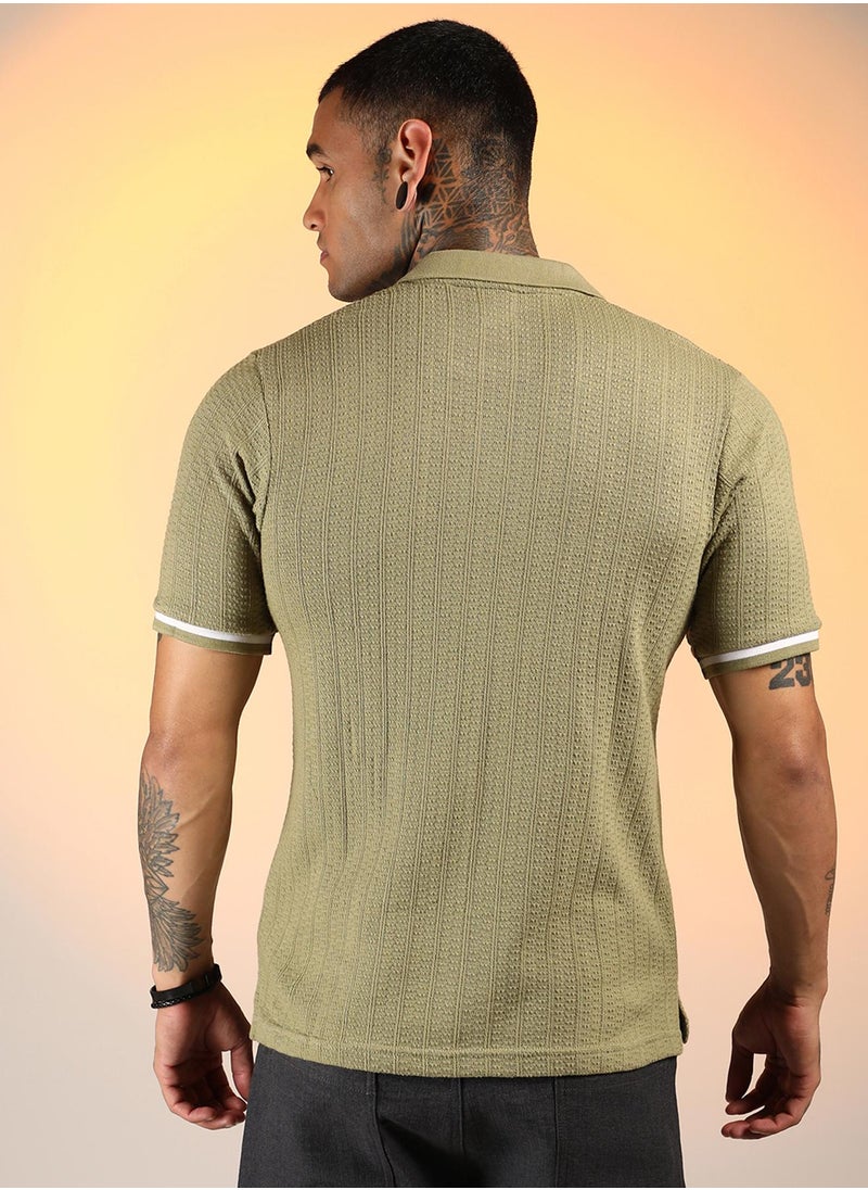 Campus Sutra Men's Olive Green Textured Polo T-Shirt  - Image 5