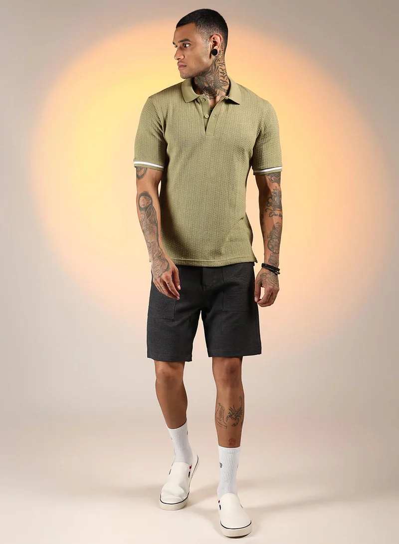 Campus Sutra Men's Olive Green Textured Polo T-Shirt