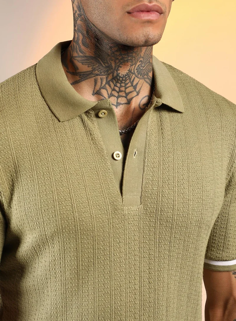 Campus Sutra Men's Olive Green Textured Polo T-Shirt