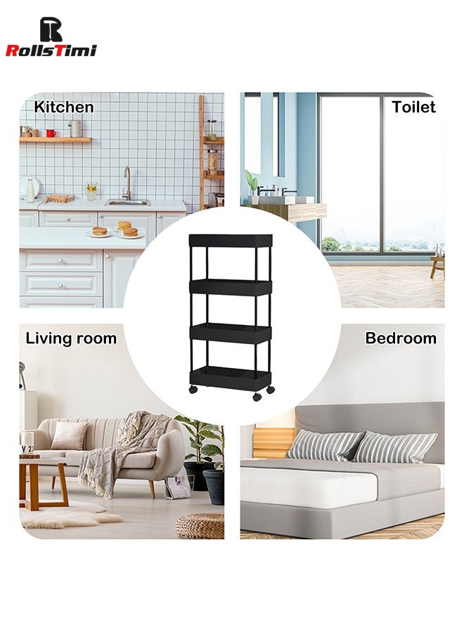 رولستيمي عربة تخزين مع عجلات ، عربة مطبخ مع 4 أرفف ، خزانة تخزين ضيقة ، عربة خدمة قابلة للسحب ، عربة حمام ، أسود - Image 3