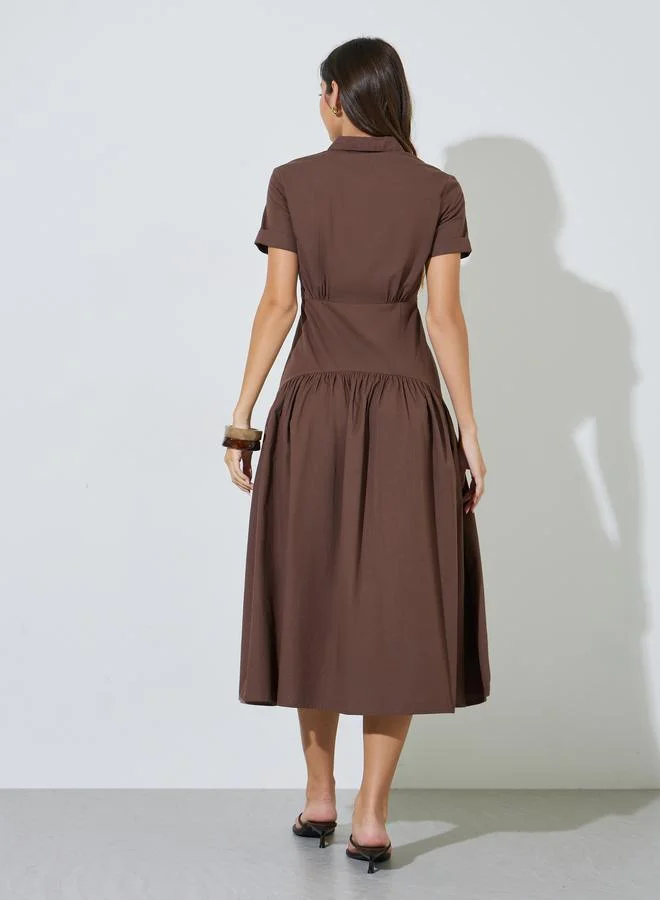 Styli  Brown Solid Short Sleeve Shirt Maxi Dress for Women | Best Price UAE