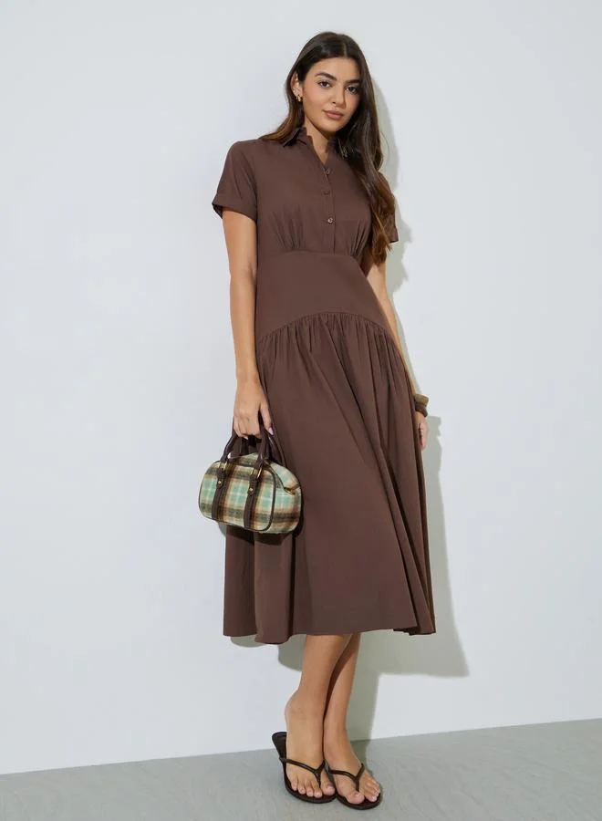 Brown Solid Short Sleeve Shirt Maxi Dress
