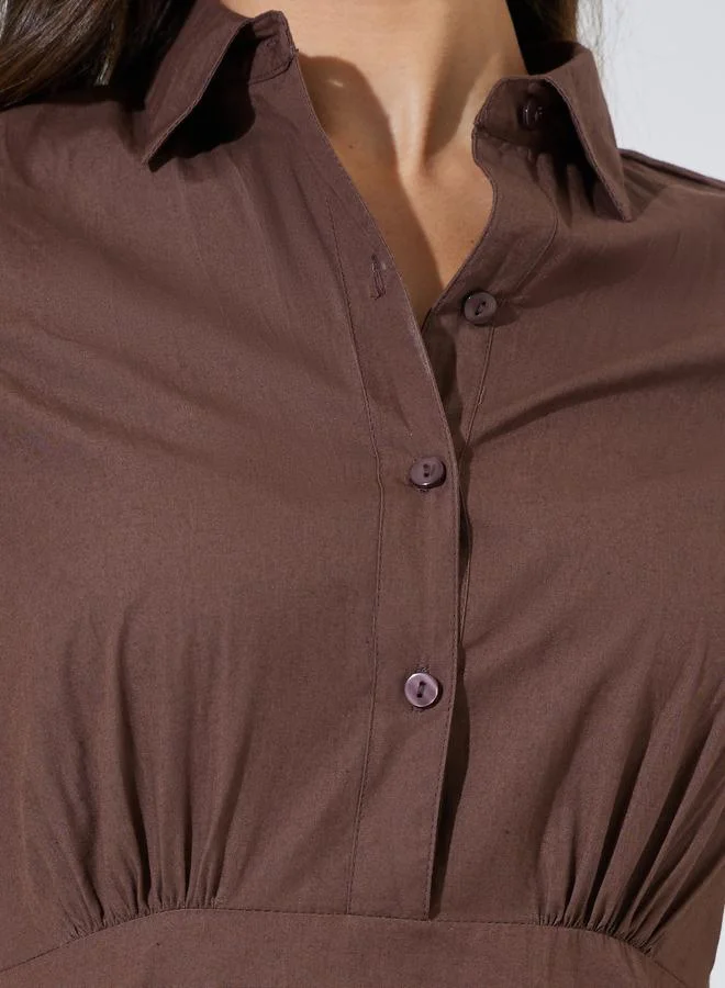 Styli  Brown Solid Short Sleeve Shirt Maxi Dress for Women | Best Price UAE