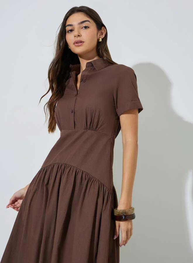Styli  Brown Solid Short Sleeve Shirt Maxi Dress for Women | Best Price UAE