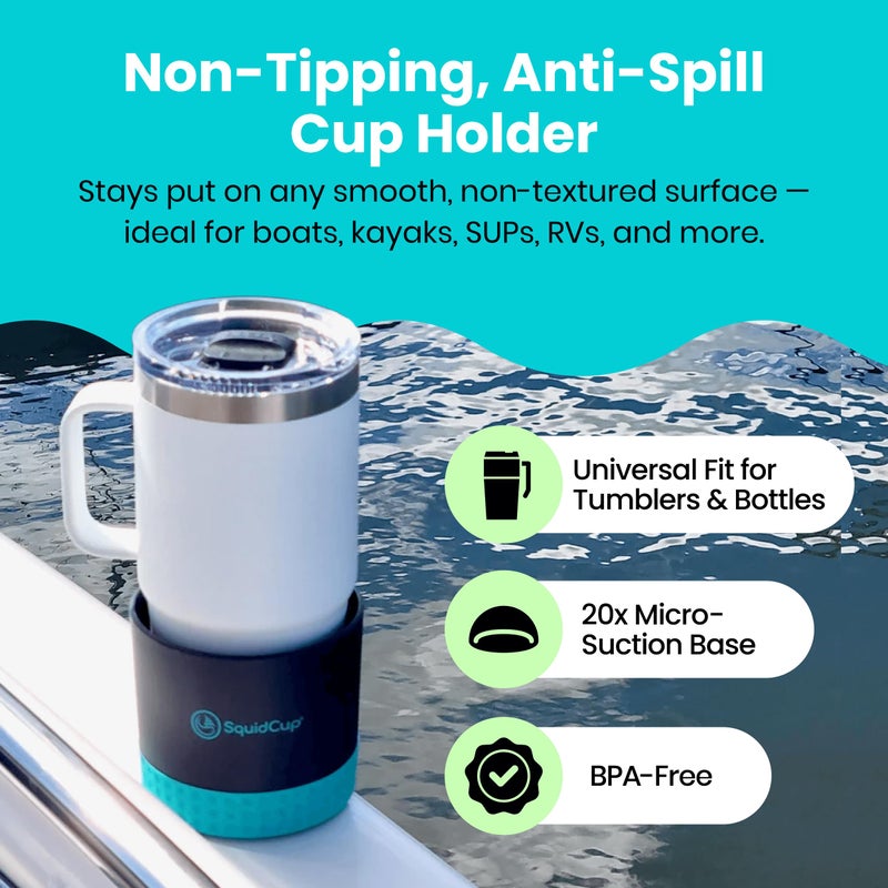 SquidCup Non-Tipping, Anti-Spill Cup Holder for Boats, Kayaks, SUPs, RVs, Fishing & Camping | Universal 12â€“30 oz Fit | BPA-Free, Optional SquidDisk Mount Included for Textured Surfaces (Black/Teal) - Image 2