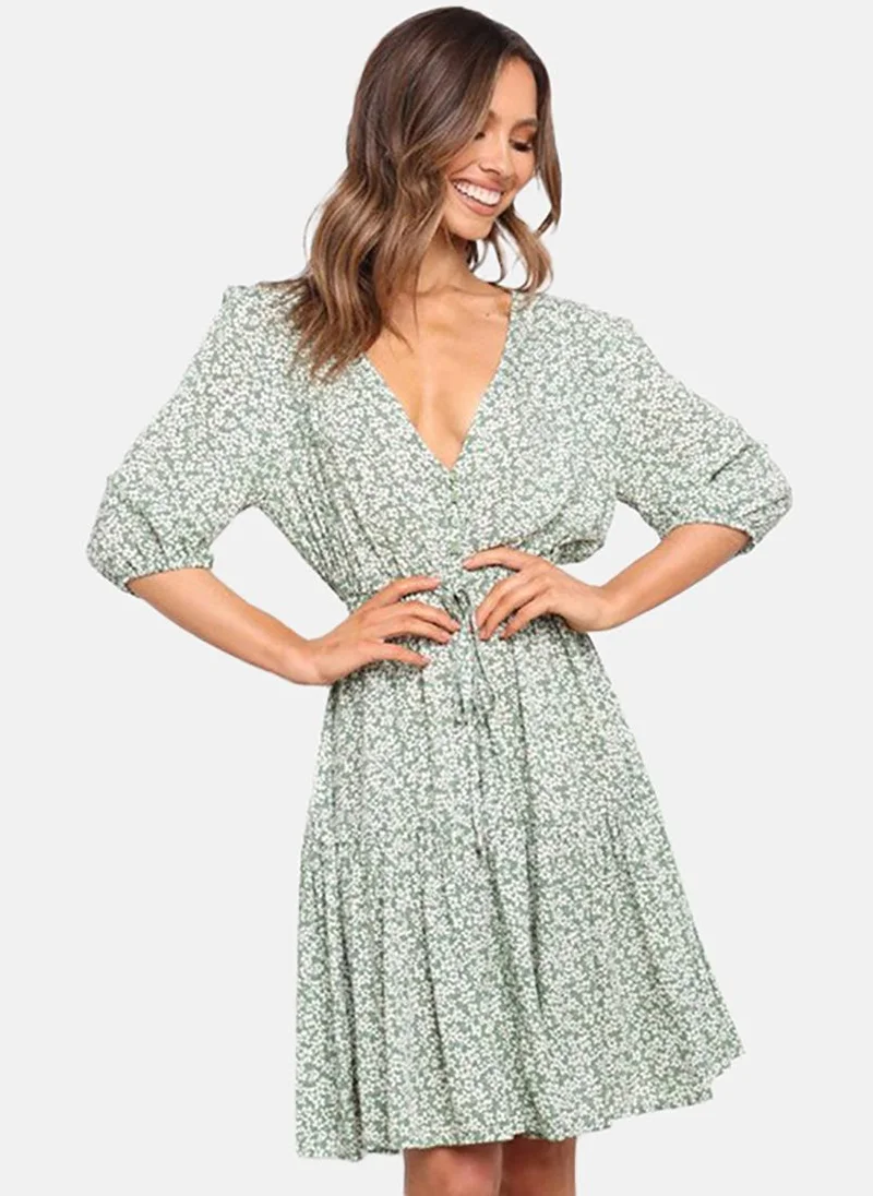 YUNIQEE White Floral Printed Cotton V-Neck Fit & Flare Dress