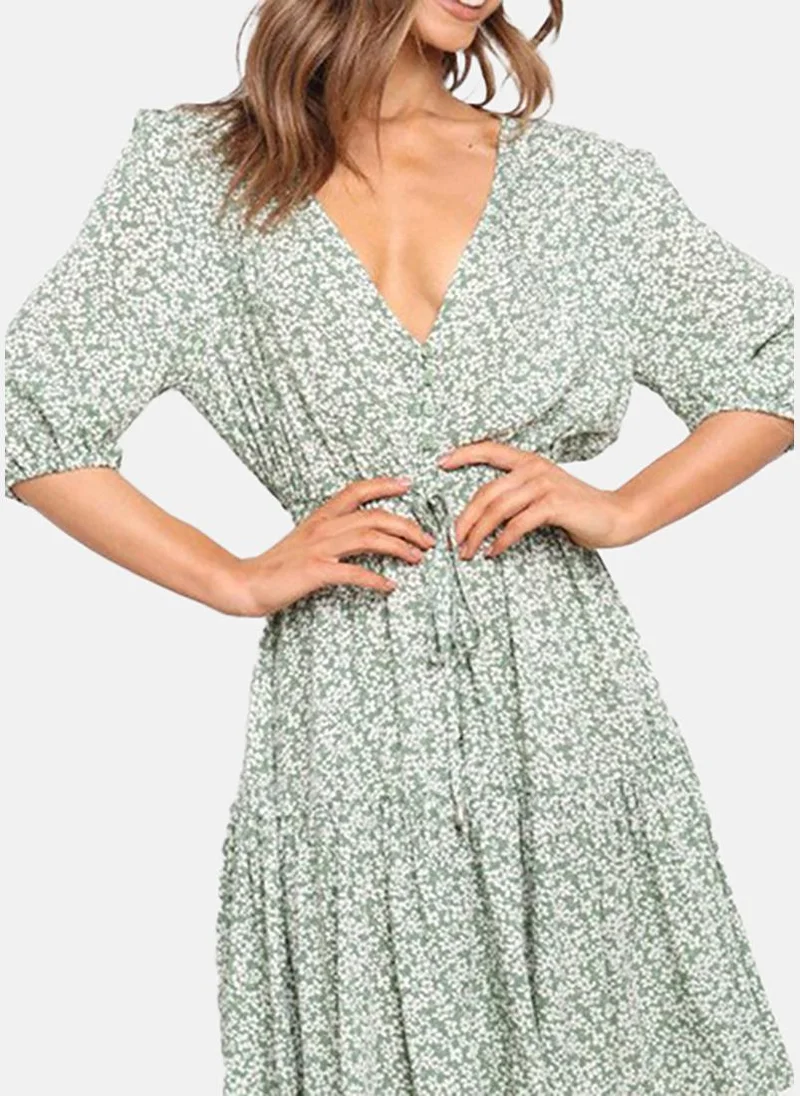 YUNIQEE White Floral Printed Cotton V-Neck Fit & Flare Dress