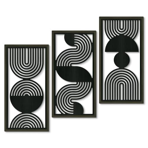 Putuo Decor Modern Minimalist Wall Art Set of 3 Black and Gray MDF CutOut Geometric Line Panels Abstract Vertical Art for Living Room Bedroom Office Wall Decor - Image 1