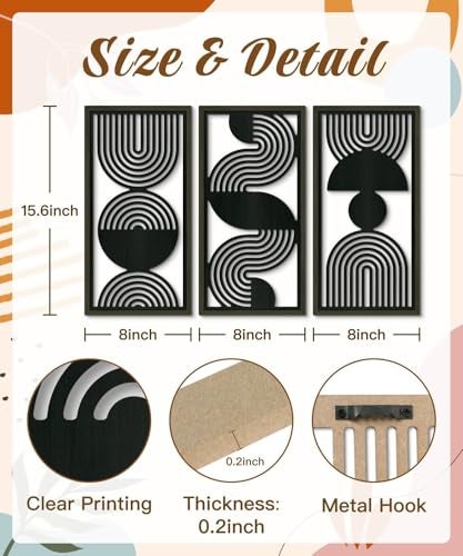 Putuo Decor Modern Minimalist Wall Art Set of 3 Black and Gray MDF CutOut Geometric Line Panels Abstract Vertical Art for Living Room Bedroom Office Wall Decor - Image 3