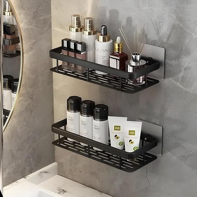 Finalize Self-Adhesive Multipurpose Wall Mounted Bathroom Shelf and Rack for Bathroom and Kitchen,Space Saving Bathroom Organizer Shelf, Punch Free Wall Shelves, Wall Stand Black - (Pack of 2) - Image 5