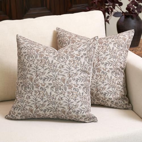 Amor Virisso Floral Throw Pillow Covers 18x18 Set of 2 Vintage Block Print Pillow Covers Decorative Pillow Covers Couch Pillows for Living Room Farmhouse Accent Sofa Pillows, Red/Sand - Image 1