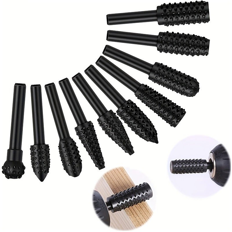 Shangxing 10-Piece Wood Carving Rotary Rasp Set, Woodworking Files & Grinding Heads, Assorted Shapes - Image 1