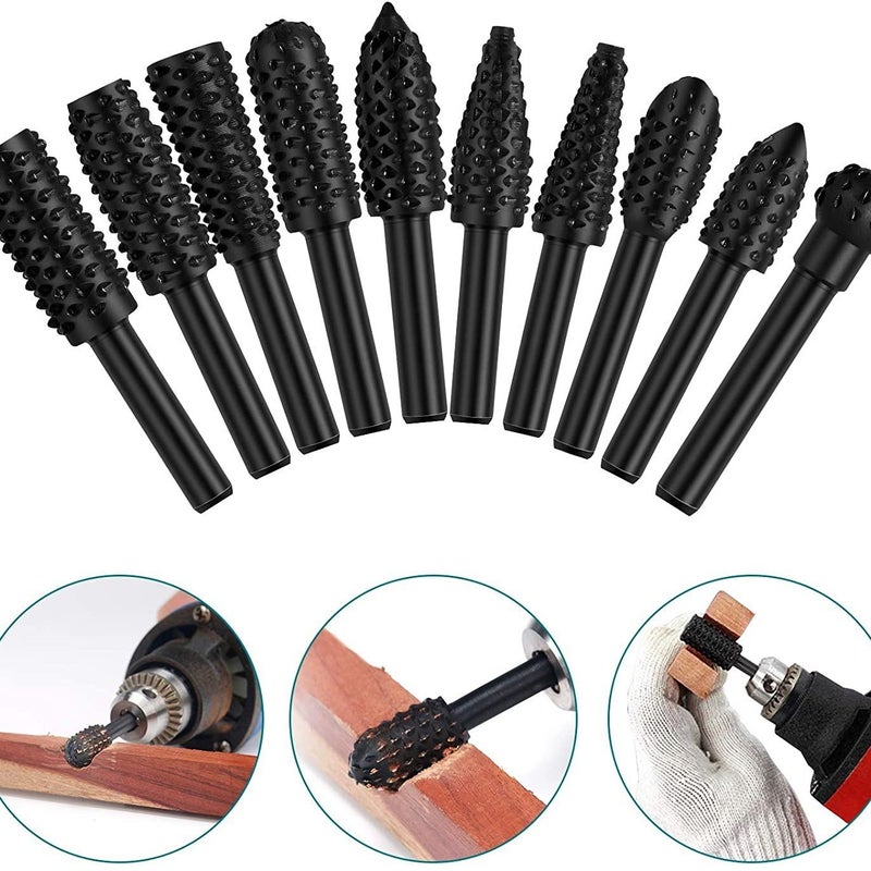 Shangxing 10-Piece Wood Carving Rotary Rasp Set, Woodworking Files & Grinding Heads, Assorted Shapes - Image 4
