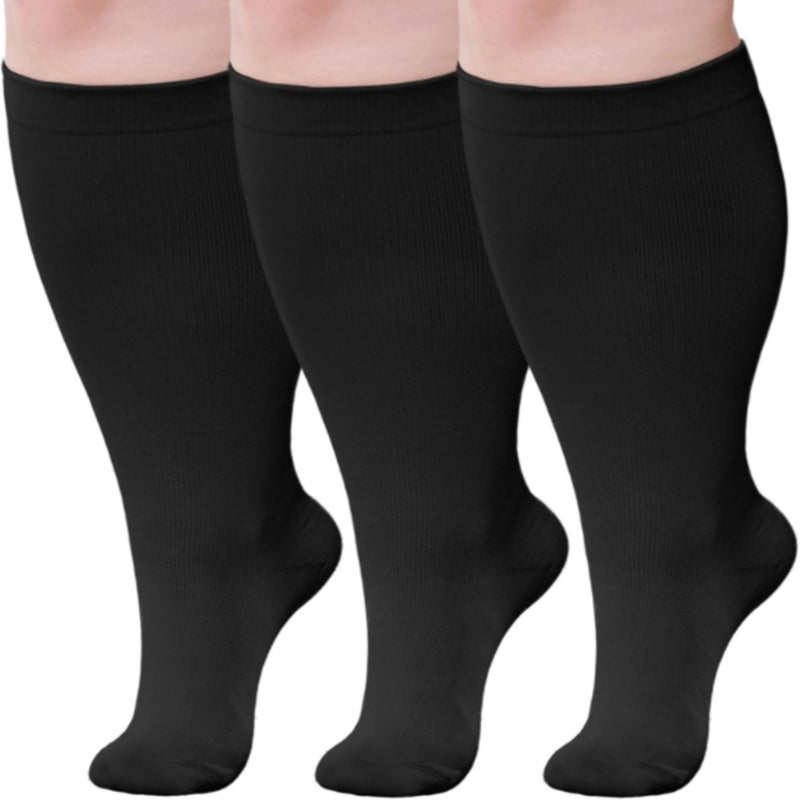 Compression Socks 3XL Black 20-30 mmHg Scientific Pressure Relief - Wide Calf Design Support Stockings for Travel, Running, Pregnancy, Nurses - Image 1