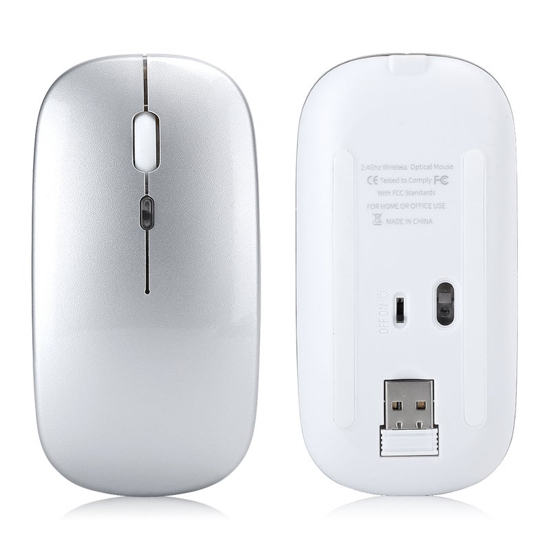 فأرة لاسلكية 2.4G قابلة لإعادة الشحن، فأرة ألعاب لاسلكية USB مع ضوء LED ملون - فضي - Image 5
