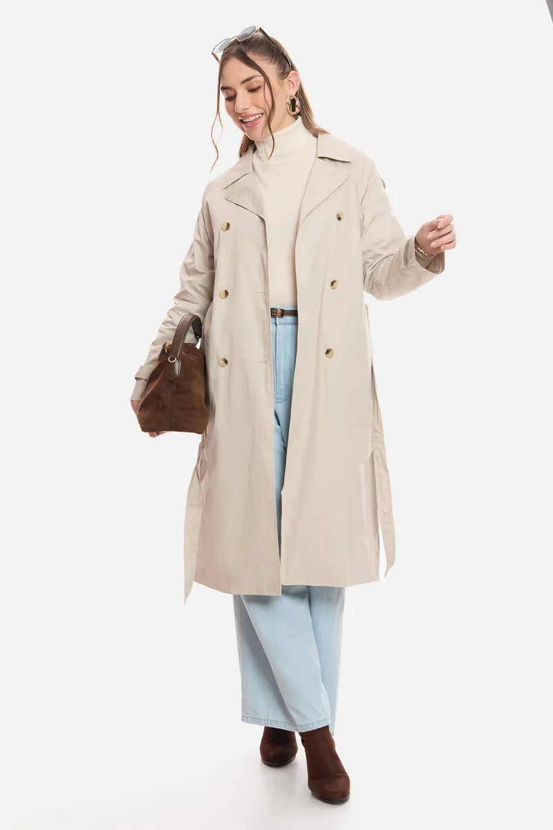 فيرجيو Solid Cotton Belted Long Trench Coat for Women