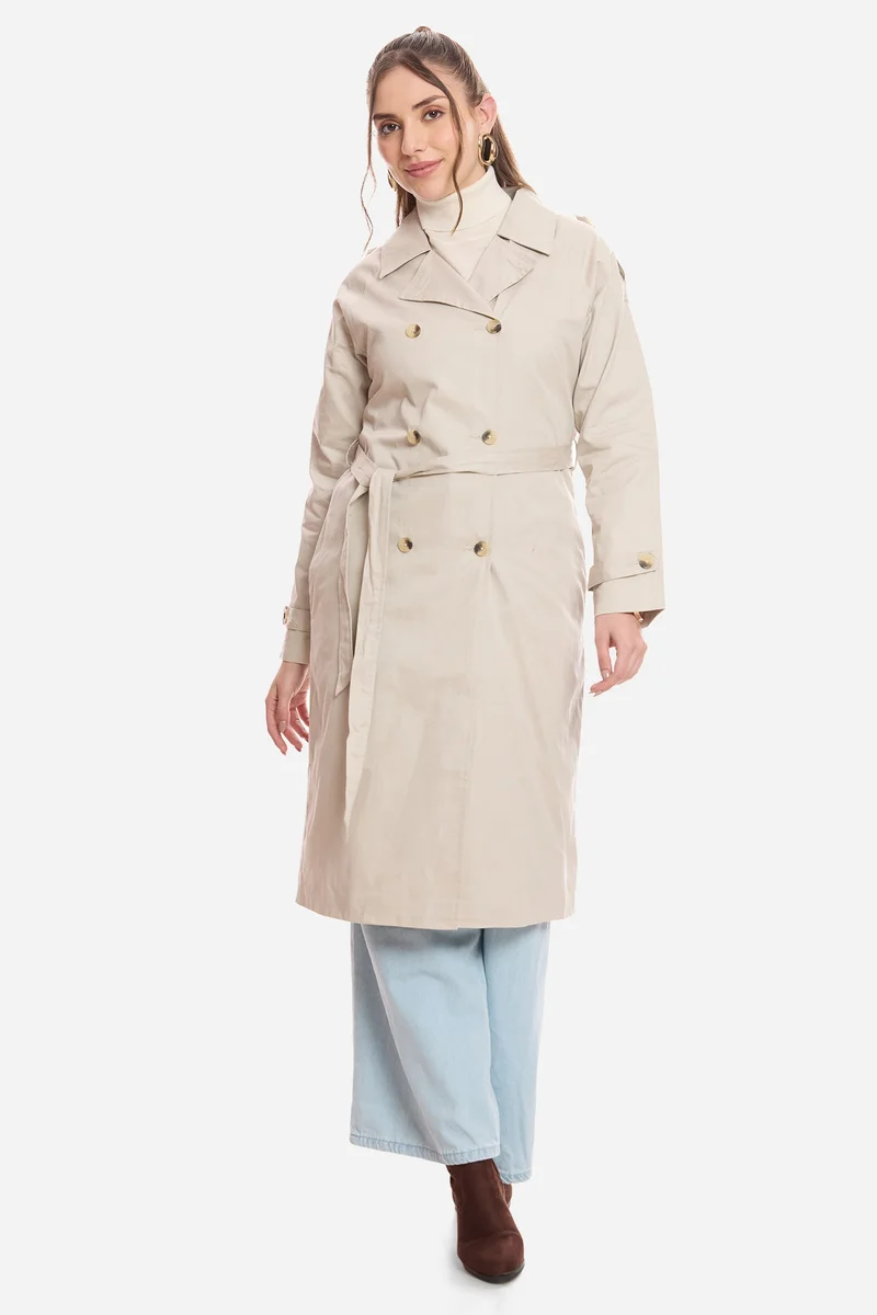 فيرجيو Solid Cotton Belted Long Trench Coat for Women