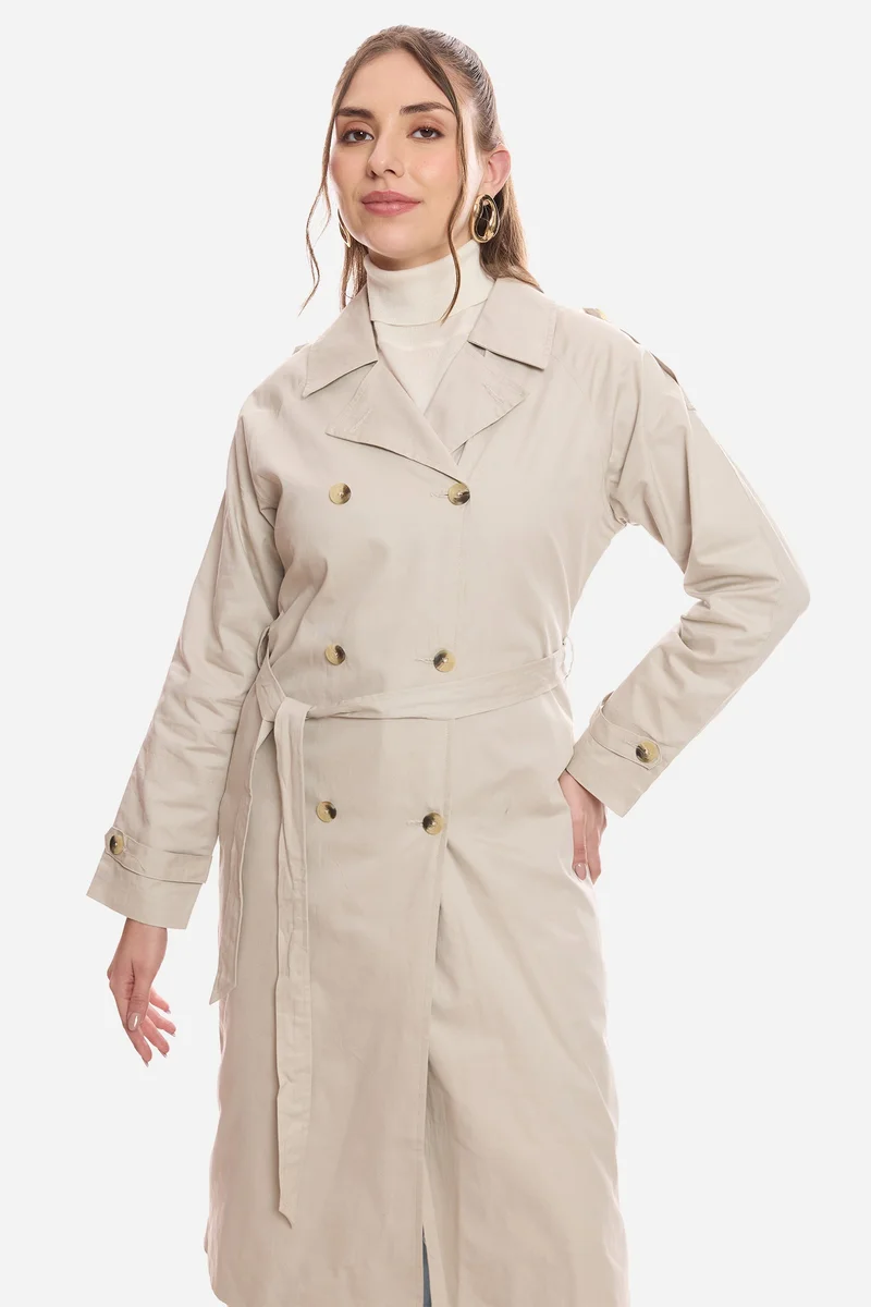 Virgio  Solid Cotton Belted Long Trench Coat for Women for Women | Best Price UAE