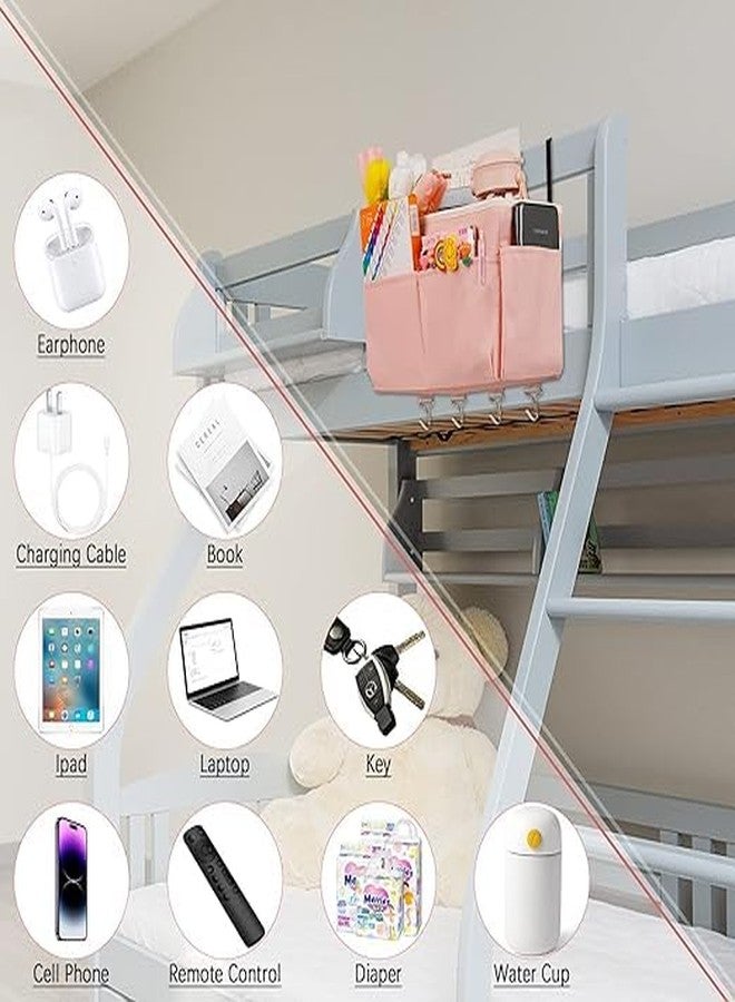 Frjjthchy Bedside Storage Organizer 5 Pockets with 4 Hooks Hanging Storage Bag for Headboards/Bunk Bed (2Pack Pink) - Image 3