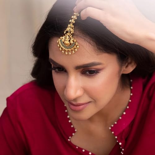 TARINIKA Antique Maang Tikka(Nethi chutti) for Women, Gold Plated Brass & CZ Stones Head Jewelry, Traditional Wedding Mang tikka Festive & Bridal Accessory (Floral Classic Antique) - Image 2