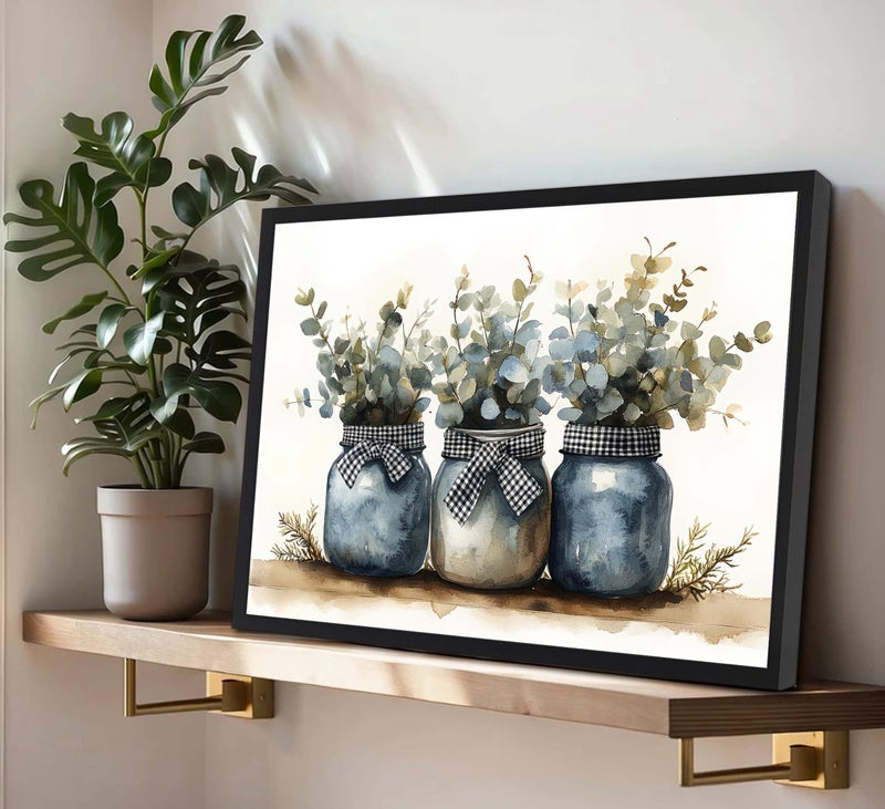 JJX Black Frame Plants Canvas Wall Art Rustic Minimalist Mason Jars Black And White Plaid Bow Eucalyptus leaves Farmhouse Vintage Botanical Pictures Wall Decor Poster Print Artwor For Dining Room kitchen - Image 2