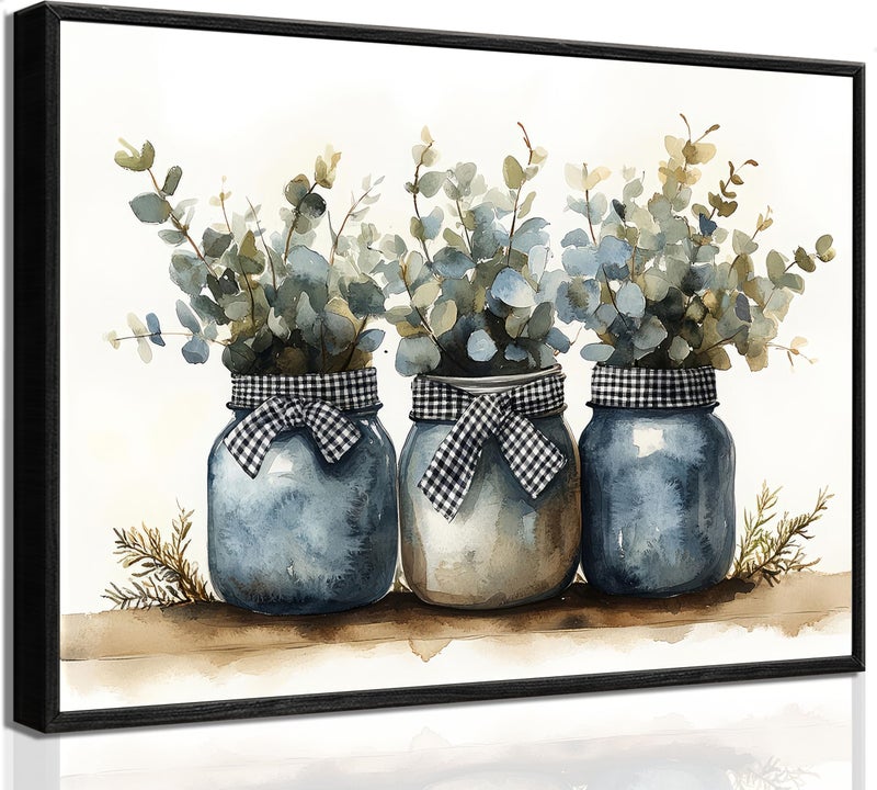 JJX Black Frame Plants Canvas Wall Art Rustic Minimalist Mason Jars Black And White Plaid Bow Eucalyptus leaves Farmhouse Vintage Botanical Pictures Wall Decor Poster Print Artwor For Dining Room kitchen - Image 1