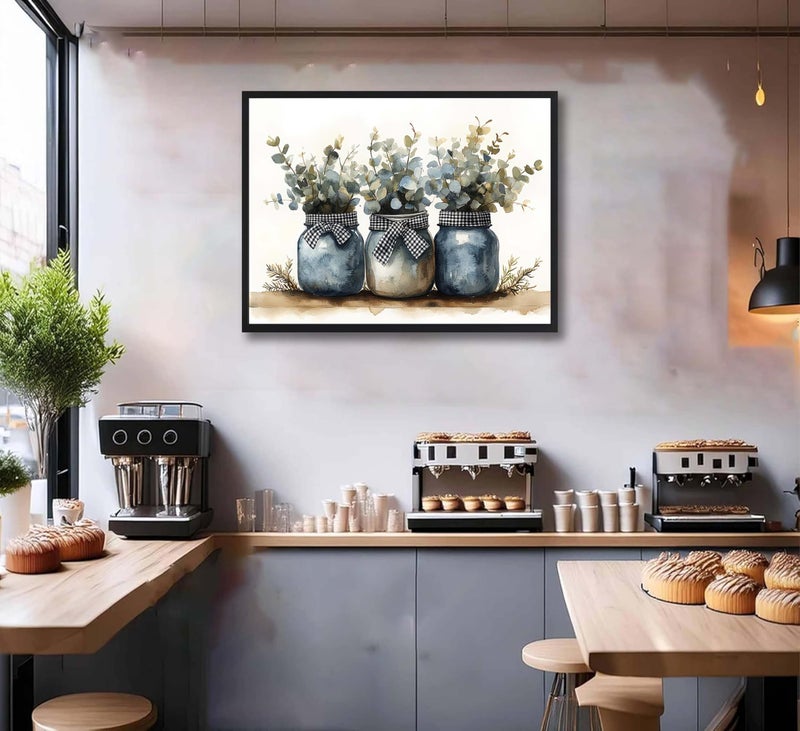 JJX Black Frame Plants Canvas Wall Art Rustic Minimalist Mason Jars Black And White Plaid Bow Eucalyptus leaves Farmhouse Vintage Botanical Pictures Wall Decor Poster Print Artwor For Dining Room kitchen - Image 3