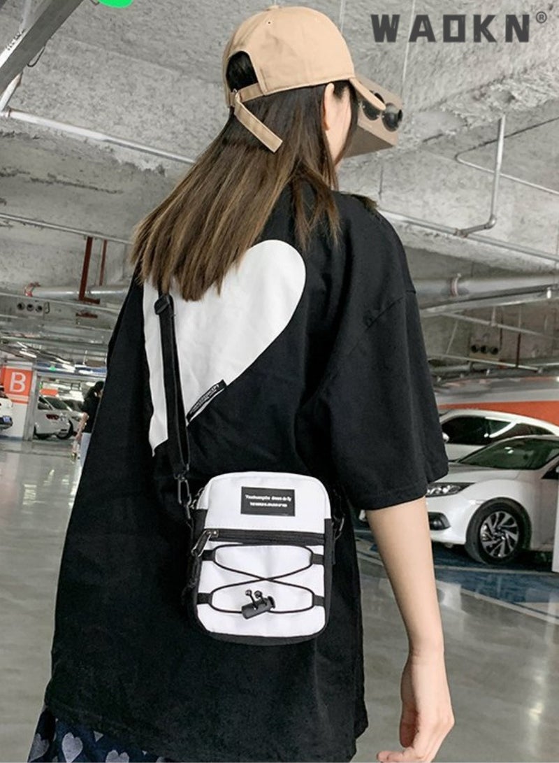 WAOKN Student Korean Style Retro Trendy Shoulder Bag,Cool Personality Crossbody Bag Messenger Bag for Teenagers, College Student Workwear Drawstring Letter Tote Bag Carry Bags Hiking Daypack(White，Black)  - Image 2