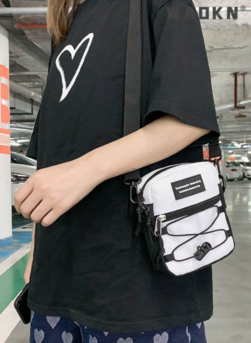 WAOKN Student Korean Style Retro Trendy Shoulder Bag,Cool Personality Crossbody Bag Messenger Bag for Teenagers, College Student Workwear Drawstring Letter Tote Bag Carry Bags Hiking Daypack(White，Black)  - Image 3