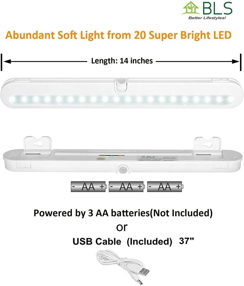 BLS T01L LED Closet Light, Super Bright 20 LED Under Cabinet Lighting Battery Powered/DC Input Wireless Motion Sensing Light, Auto On Off Switch, Motion Sensor & Light Sensor, Light Beam Adjustable - Image 3