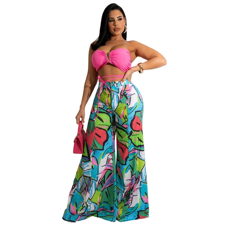 CY9787 Cross-border foreign trade ebay fashion casual wrap chest seaside vacation wrap chest loose wide-leg pants suit Pink M - Image 3