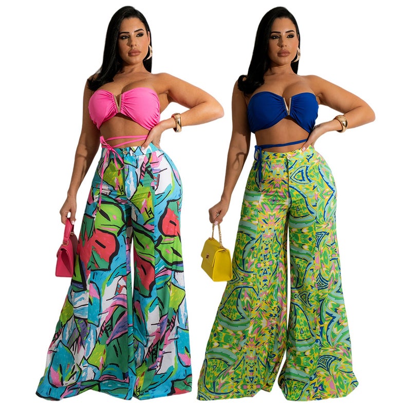 CY9787 Cross-border foreign trade ebay fashion casual wrap chest seaside vacation wrap chest loose wide-leg pants suit Pink M - Image 2
