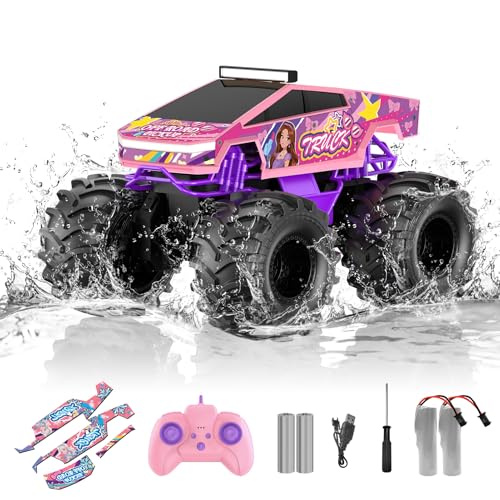 Dafotil Amphibious Remote Control Car 118 Pink Monster Truck Toys for Girls RC Cars 24 GHz Waterproof RC Trucks 4WD All Terrain OffRoad Pickup Girls Christmas Birthday Gifts Presents Kids Toys Ages 6 - Image 1