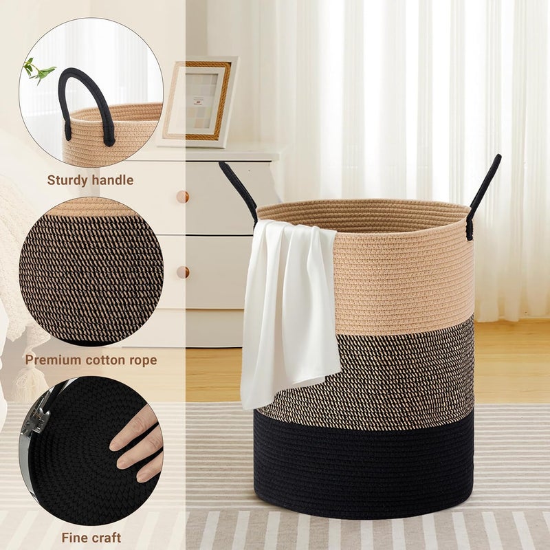 SunNewt Tall Laundry Basket with Handles, 58L Portable Dirty Clothes Hamper, Boho Cotton Rope Storage Bin for Blankets Kids Toys Gifts, Decorative Organizer for Nursery Bedroom Bathroom, Brown & Black - Image 3