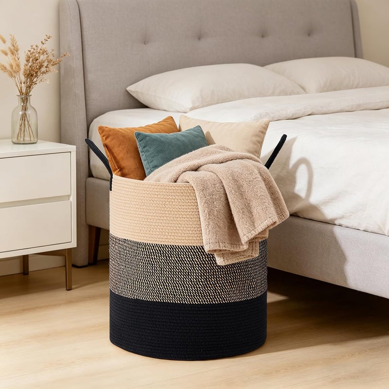 SunNewt Tall Laundry Basket with Handles, 58L Portable Dirty Clothes Hamper, Boho Cotton Rope Storage Bin for Blankets Kids Toys Gifts, Decorative Organizer for Nursery Bedroom Bathroom, Brown & Black - Image 5