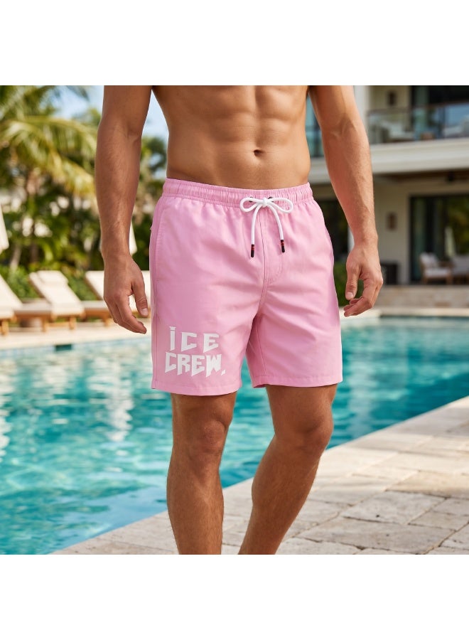 IceZone Men's Quick-Dry Swim Trunks - Pink Board Shorts with Ice Crew Graphic, Mesh Lined - Image 1