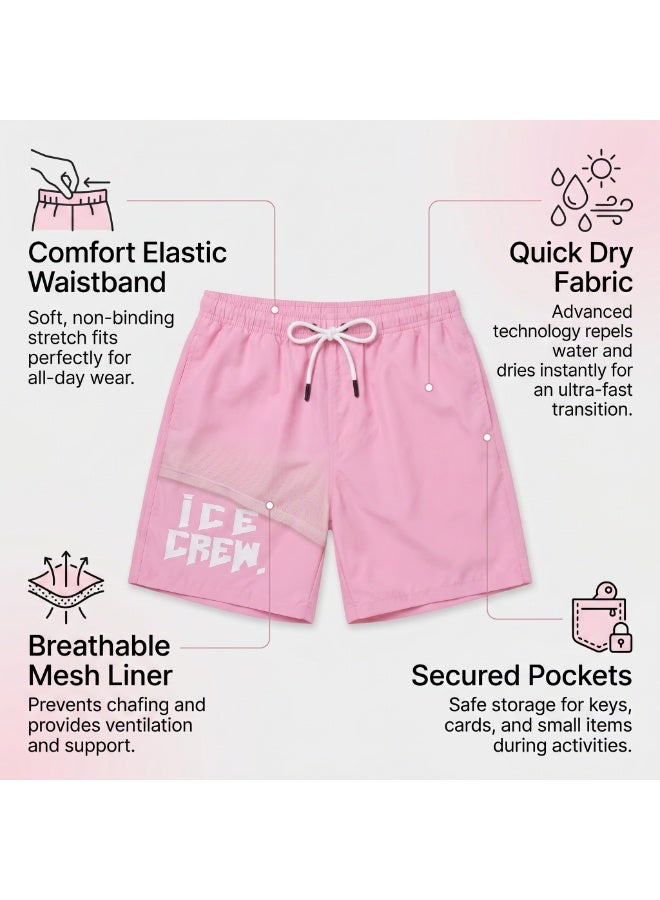 IceZone Men's Quick-Dry Swim Trunks - Pink Board Shorts with Ice Crew Graphic, Mesh Lined - Image 3