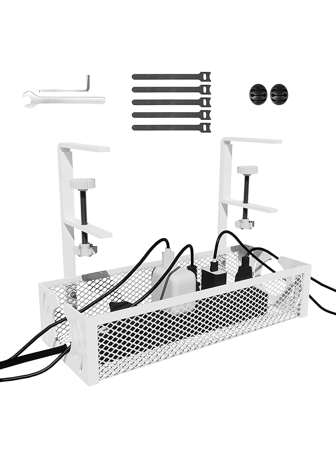 promass Under Desk Cable Management Tray, Upgraded Long Arm Clamp, No Drill Steel Desk Cable Organizers, Cable Tray with Clamp for Desk Wire Management, Home - No Damage to Desk, White - Image 1