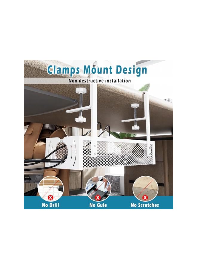 promass Under Desk Cable Management Tray, Upgraded Long Arm Clamp, No Drill Steel Desk Cable Organizers, Cable Tray with Clamp for Desk Wire Management, Home - No Damage to Desk, White - Image 4