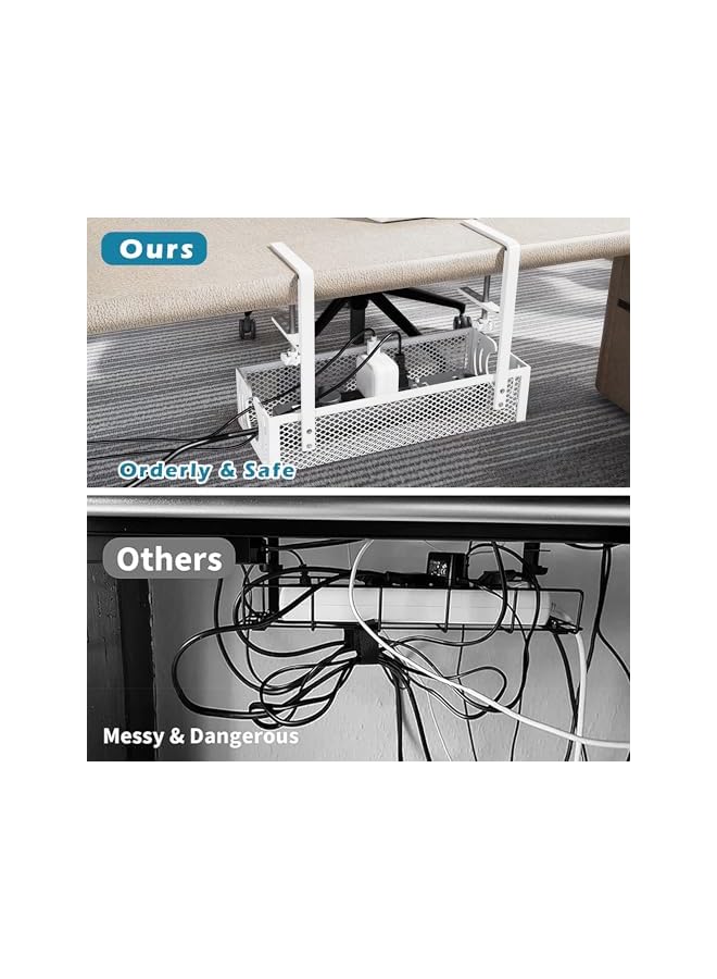 promass Under Desk Cable Management Tray, Upgraded Long Arm Clamp, No Drill Steel Desk Cable Organizers, Cable Tray with Clamp for Desk Wire Management, Home - No Damage to Desk, White - Image 3