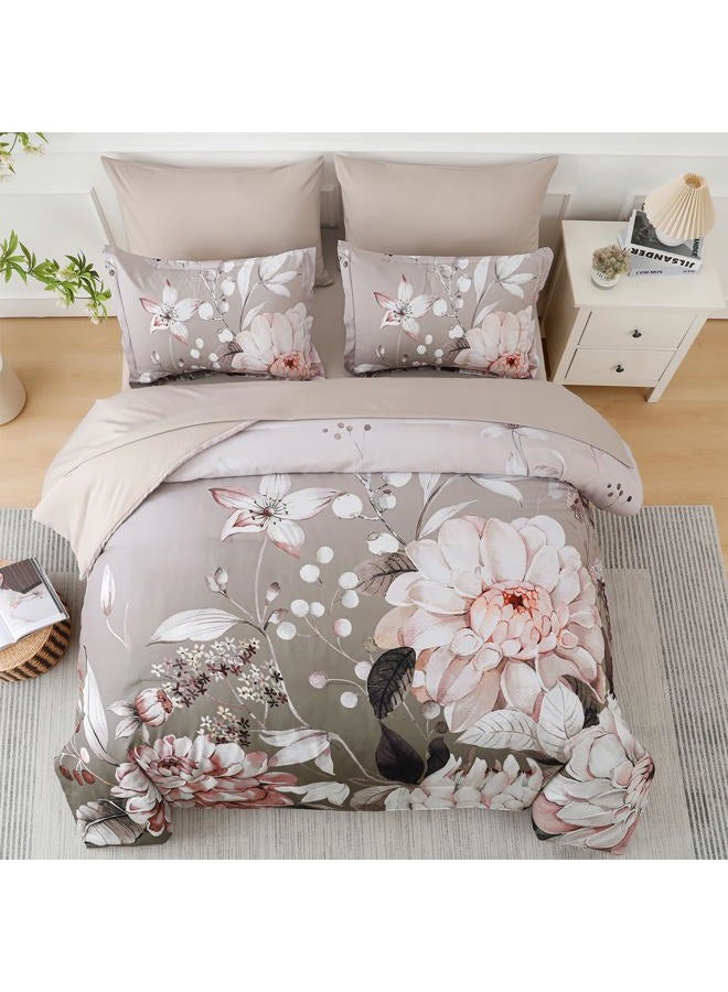 Drucon Queen Comforter Set - 7 Pieces Floral Brown Soft Bedding Sets, Queen Bed in a Bag with Botanical Flowers Comforter, Sheets, Pillowcases & Shams - Image 3