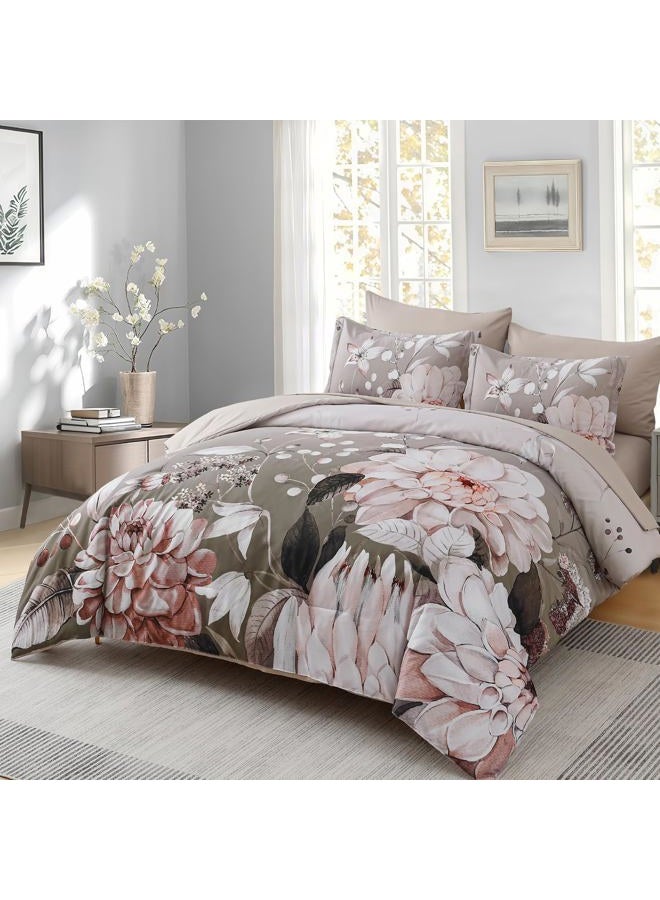 Drucon Queen Comforter Set - 7 Pieces Floral Brown Soft Bedding Sets, Queen Bed in a Bag with Botanical Flowers Comforter, Sheets, Pillowcases & Shams - Image 1