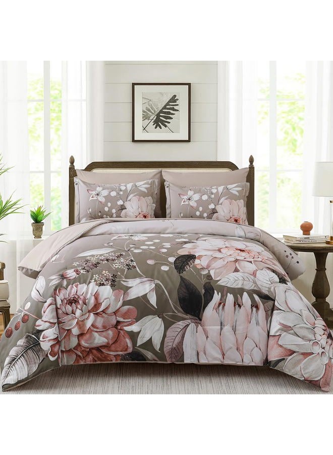 Drucon Queen Comforter Set - 7 Pieces Floral Brown Soft Bedding Sets, Queen Bed in a Bag with Botanical Flowers Comforter, Sheets, Pillowcases & Shams - Image 2