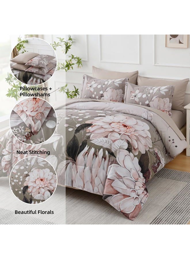 Drucon Queen Comforter Set - 7 Pieces Floral Brown Soft Bedding Sets, Queen Bed in a Bag with Botanical Flowers Comforter, Sheets, Pillowcases & Shams - Image 4
