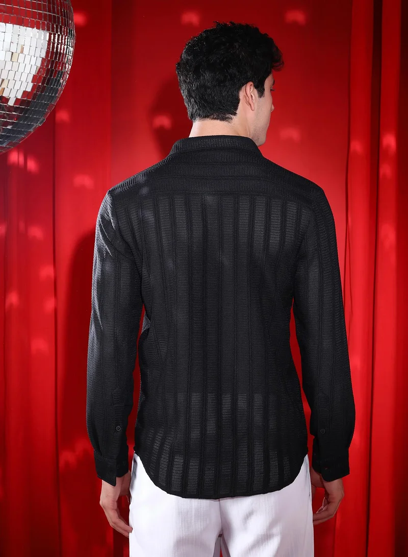 Campus Sutra Men's Onyx Black Wicker-Tactile Shirt